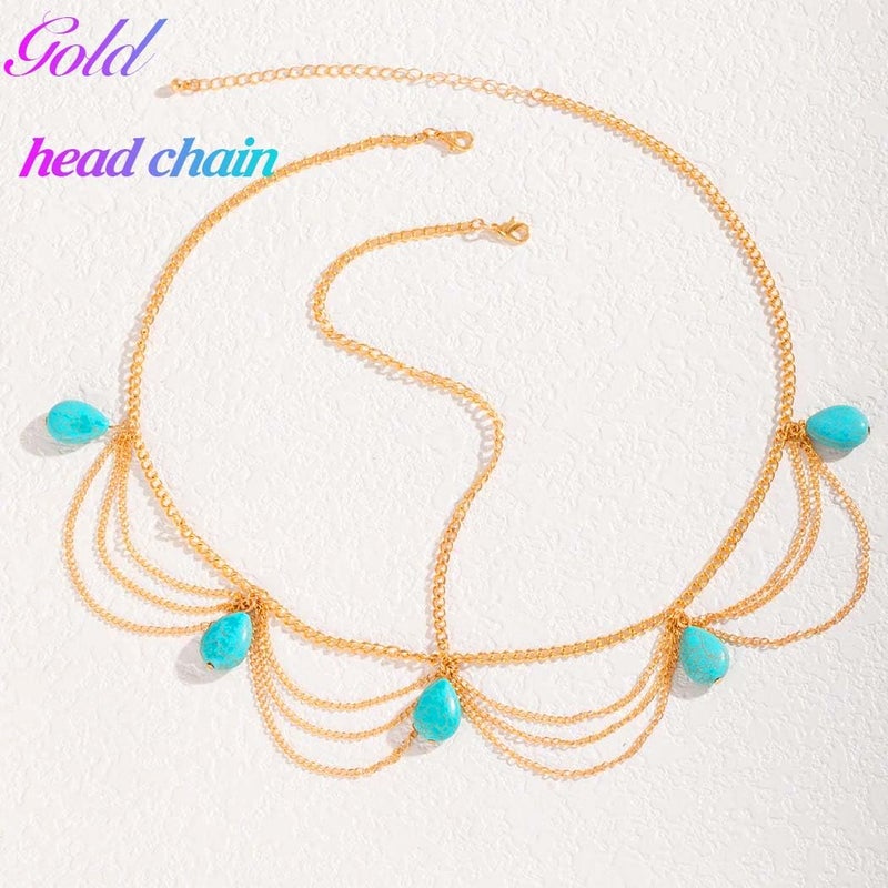 Barogirl Gold Head Chain Jewelry Turquoise Headpiece Boho Hair Chain for Women and Girls - Image 2